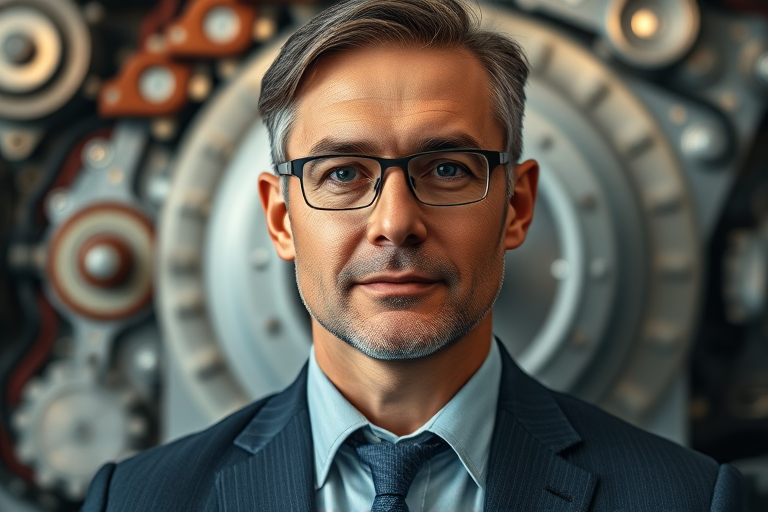 Create a highly detailed portrait of a businessman in front of a complex mechanical background, using a Canon EOS R5 with a 50mm f/1.2 lens, set at ISO 100, aperture f/2.8, shutter speed 1/125 sec, shot at eye level with a medium close-up view, focusing on sharpness and contrast for enhanced image quality.