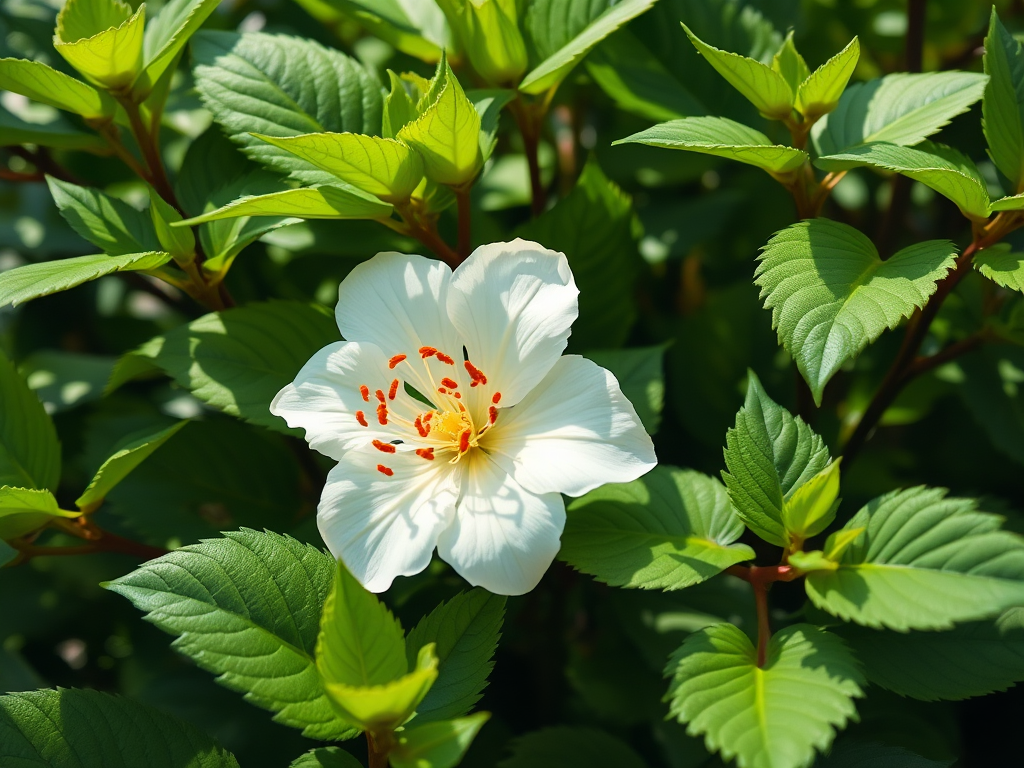 Create a high-quality digital illustration of a white flower with red and yellow details surrounded by lush green leaves, using a Canon EOS R5 with a 50mm f/1.2 lens, aperture set to f/2.8, ISO 100, in a bright, soft lighting environment.