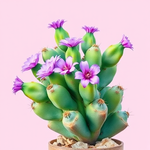 Create a vibrant watercolor painting of a cactus with rounded pads, adorned with blooming purple flowers, set against a soft pink background, capturing intricate details with a Canon EOS R5, 50mm lens, f/2.8 aperture, ISO 100, dynamic angle view for depth.