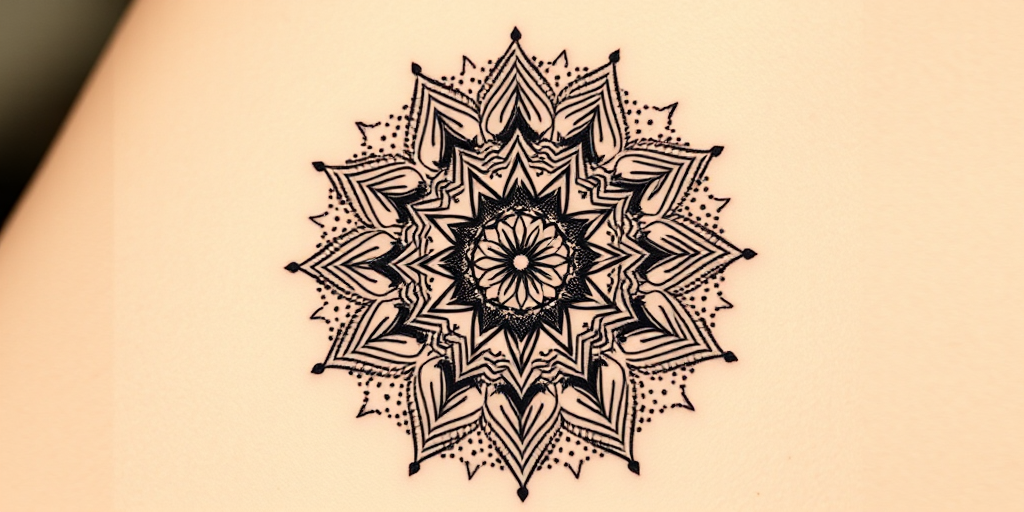 Dotwork mandala tattoo named "Cosmic Harmony" featuring intricate patterns and symmetrical designs created entirely from tiny dots, with gradual shading and sacred geometry elements inspired by ancient spiritual traditions