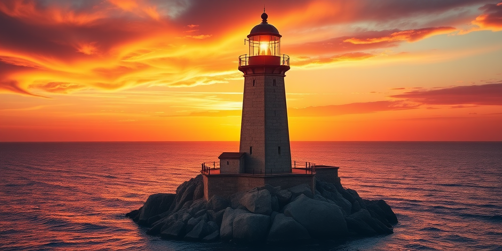 Generate an image of a tall lighthouse perched on a rocky outcrop surrounded by calm ocean waters during a breathtaking sunset. The lighthouse stands sturdy and weathered, its stone surface illuminated by the warm golden light of the setting sun. The sun's rays pass directly through the glass lantern room at the top of the lighthouse, casting a brilliant light across the scene. The sky is painted with vibrant shades of orange, pink, and purple, reflecting off the tranquil sea. The surrounding water shimmers with the same warm hues, creating a serene and majestic atmosphere.