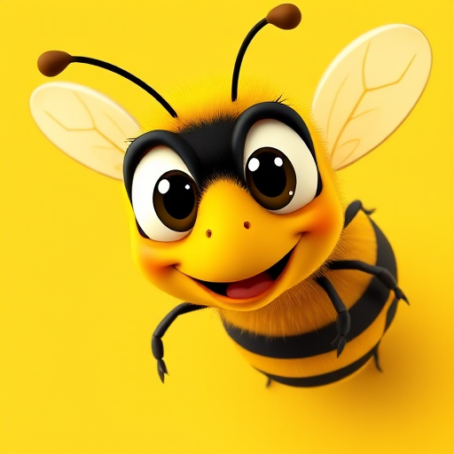 Create a vibrant cartoon bee with exaggerated features, high resolution, bright yellow and black stripes, large expressive eyes, vector style, shot with a Canon EOS R5 at f/2.8, 1/250s, ISO 100, in a flat lay perspective to enhance detail.
