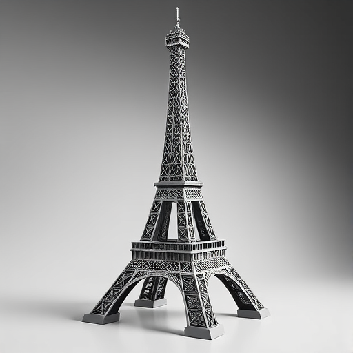 3D model of the Eiffel Tower in monochrome, front view, high dynamic range, f/8 aperture, ISO 100, 24mm lens, studio lighting, sharp focus, minimal reflections.