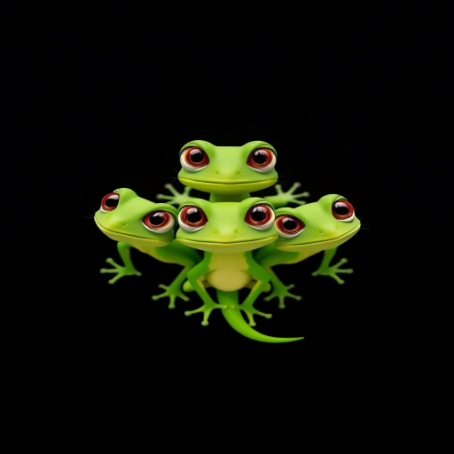 Create an image of three cartoon-style green lizards positioned in a triangular formation, with large expressive eyes, on a solid black background, using a DSLR camera with a 50mm lens at f/2.8, ISO 100, 1/200s shutter speed, shot from a slightly elevated angle to enhance depth and clarity.