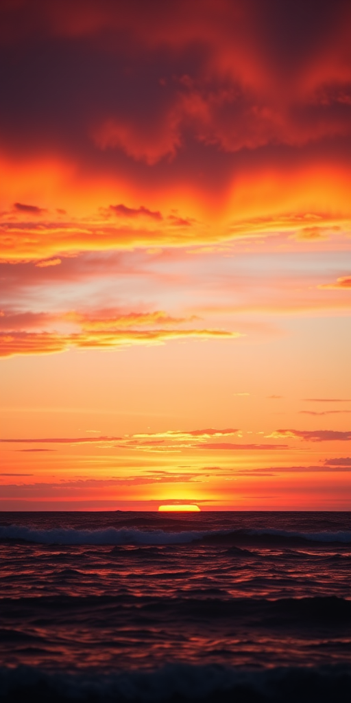 Capture a vibrant sunset over the ocean with layers of orange and red hues, ISO 100, aperture f/8, shutter speed 1/250s, taken from a wide-angle lens perspective using a DSLR camera.