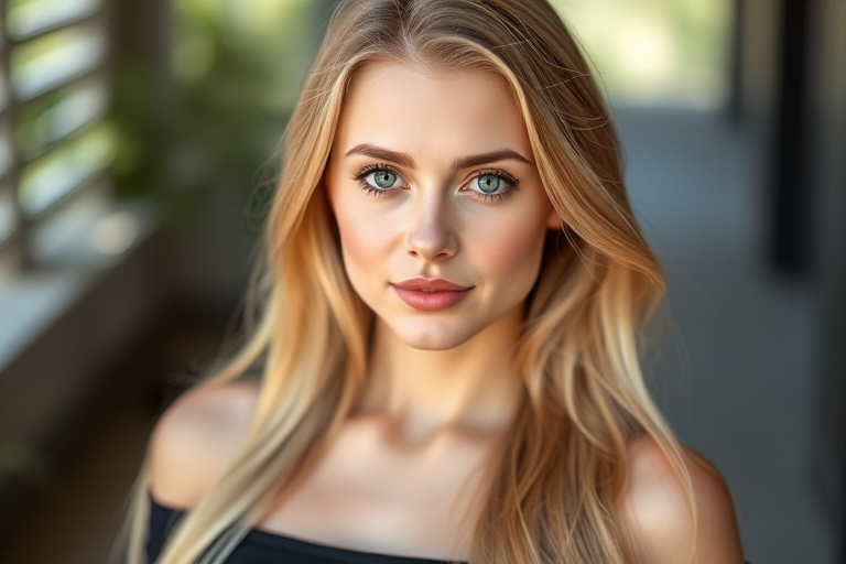 Portrait of a woman with long blonde hair and green eyes, wearing an off-shoulder black top, soft natural lighting, shallow depth of field, 85mm lens, f/1.8 aperture, ISO 100, captured with a full-frame DSLR camera.
