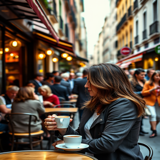 Bustling European street cafe, the chatter of patrons filling the air, a woman sips espresso at a table by the sidewalk, her gaze fixed on the passing pedestrians.