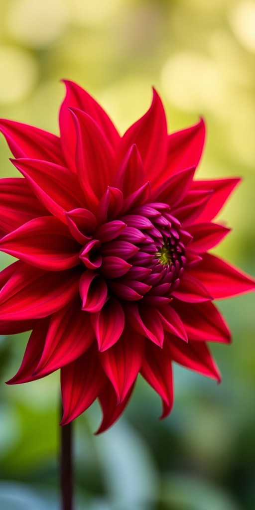 macro shot of a red dahlia flower with intricate petals, soft-focus green background, aperture f/2.8, shutter speed 1/200s, ISO 100, DSLR camera, natural lighting, close-up view