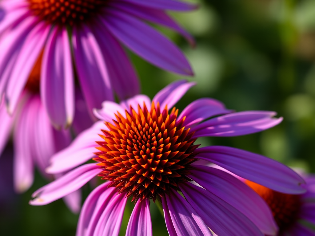 close-up of vibrant purple echinacea flowers with spiky orange centers, shallow depth of field, soft natural lighting, DSLR camera, 50mm lens, f/2.8 aperture, ISO 100, focus on flower details