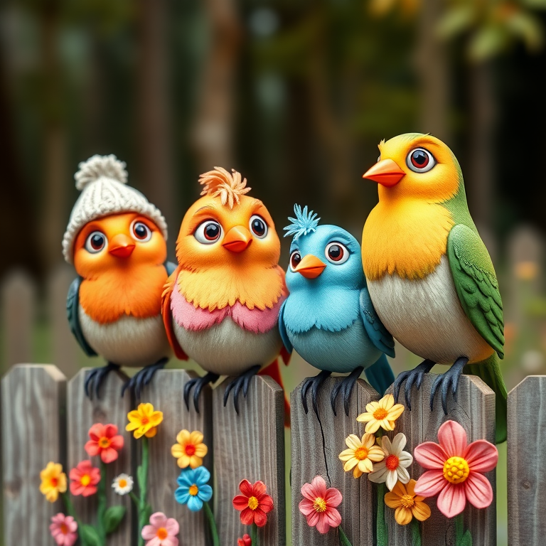 create a scene of 4 quirky  whimsical colourful comical birds each with a funny expression. they are sat on a wooden fence with colourful flowers. they are all different sizes. each one is a different colour  one is wearing a woolly hat. Each one has a different quirky google expression and there is a muted background of trees watercolour paintierly style high definition 8k resolution 3D paper mache