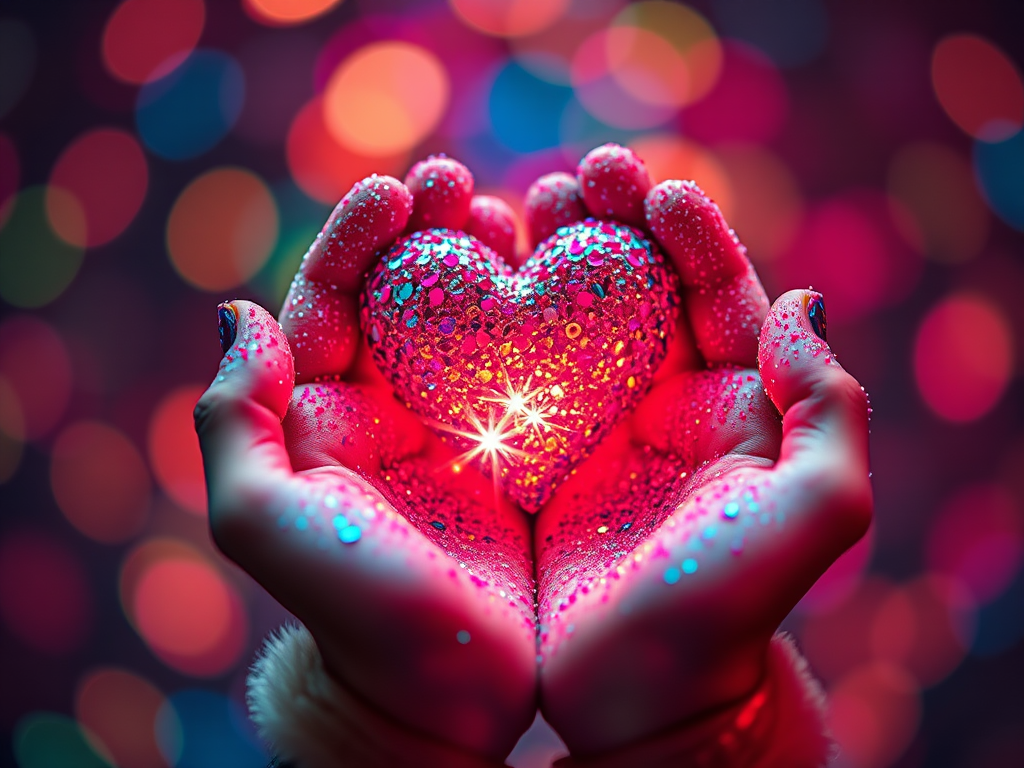 Create a vibrant image of a sparkling heart held in hands covered in glitter, with a colorful bokeh background, shot with a Canon EOS R5, 50mm lens, f/1.8 aperture, ISO 100, and a soft focus effect to enhance image quality.