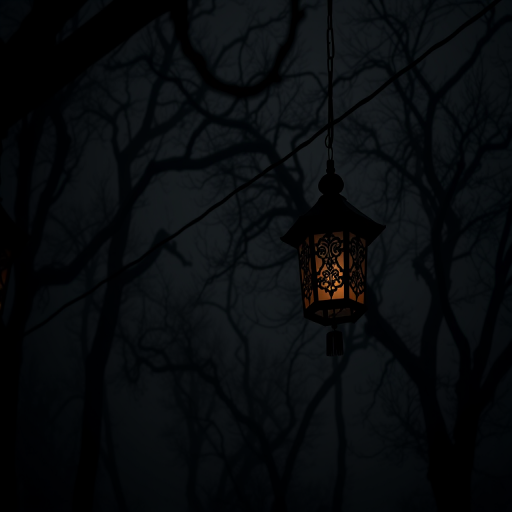 Create a dark, atmospheric scene featuring silhouettes of ornate lanterns against a misty background with twisted trees, using a Canon EOS R5, f/2.8, ISO 100, 50mm lens, shot from a low angle to emphasize the lanterns and create depth.
