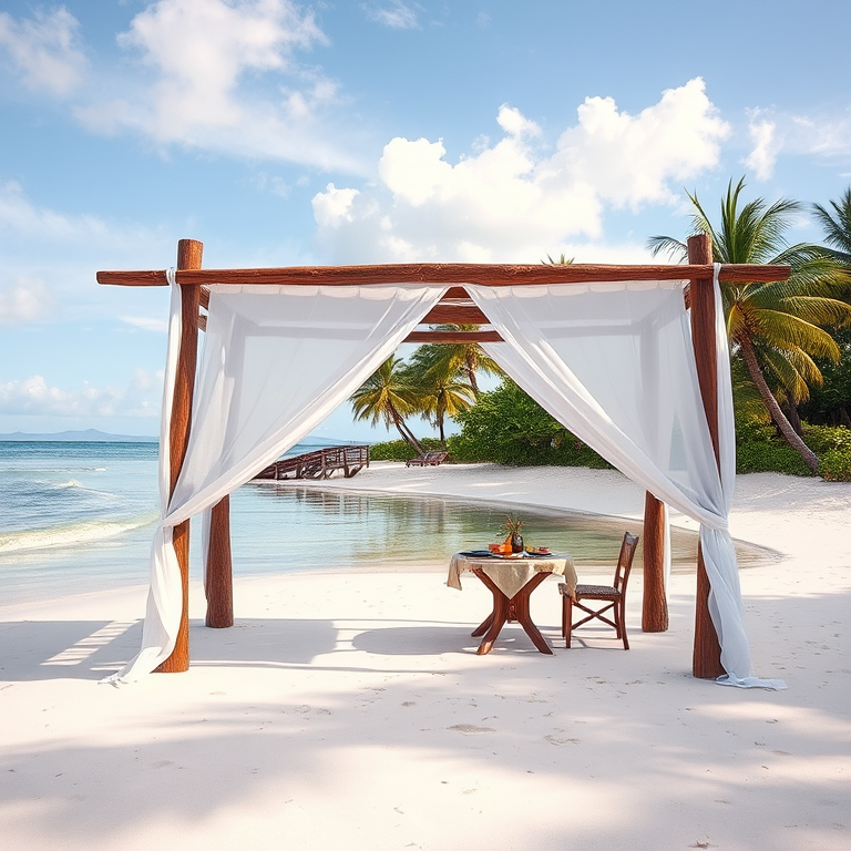Create a picturesque tropical beach scene featuring a serene, white sandy shore. In the foreground, there's a rustic wooden canopy with white drapes gently flowing in the breeze. Underneath the canopy, a table is set with tropical decor, evoking a sense of relaxation and leisure. The beach extends into a calm, shallow water area with reflections of the sky and surroundings. Palm trees and lush greenery line the edge of the beach, providing a natural, tropical backdrop. The sky is clear with a few scattered clouds, and the overall atmosphere is tranquil and inviting, perfect for a peaceful retreat.