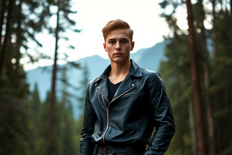 A young man in a black leather outfit stands confidently in a dense forest with mountains in the background, soft natural light, 85mm lens, f/1.8 aperture, ISO 200, shallow depth of field, portrait mode, DSLR camera.