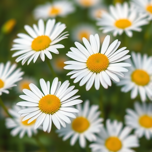 High-resolution illustration of white daisies with yellow centers, vibrant colors, soft focus background, macro lens, f/2.8 aperture, 1/200 shutter speed, ISO 100, shot from a slightly elevated angle with natural light.