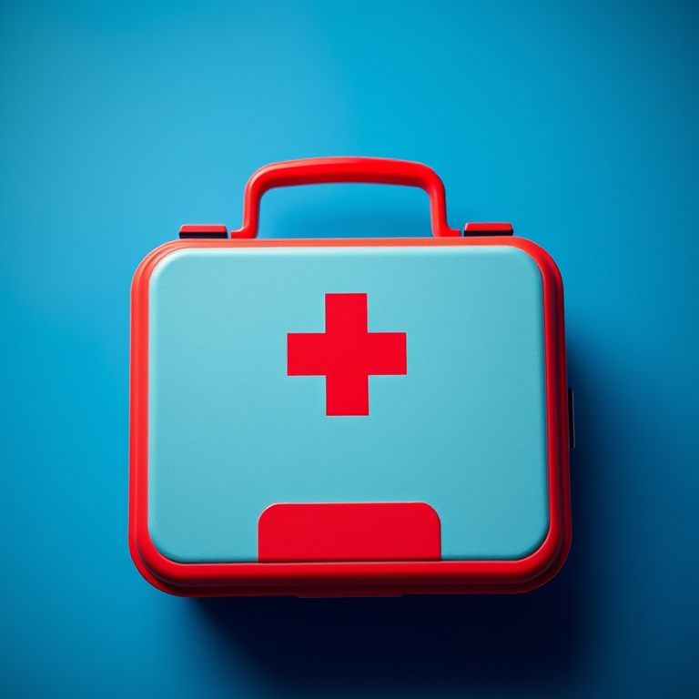 Create a high-resolution image of a medical kit, ensuring a minimalist design with a prominent red cross symbol on a blue background, captured with a DSLR camera using a 50mm lens, aperture f/2.8, ISO 100, and a soft focus style for a modern look.