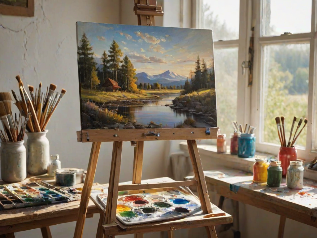 Close-up of a painter's easel in a sunlit studio, with a canvas featuring a vibrant landscape scene, brushes in jars, and paint tubes scattered across a wooden table.