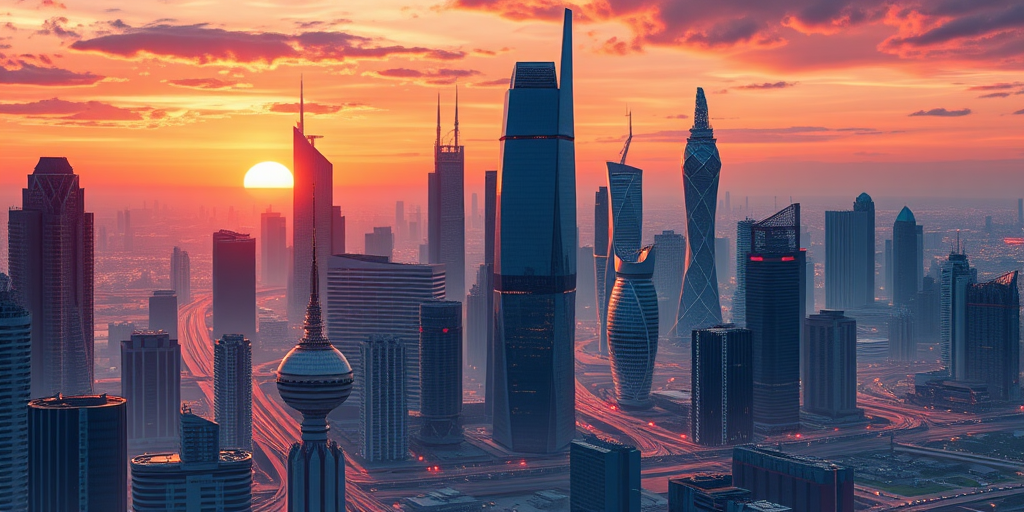 Create a detailed illustration of a futuristic city skyline at sunset, using a wide-angle lens with a 24mm focal length, aperture set to f/8 for deep depth of field, shot from a high vantage point to capture the expansive view, employing a DSLR camera for high-resolution clarity and vibrant colors.