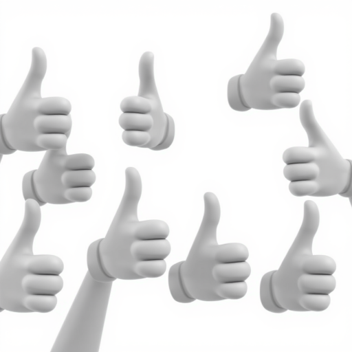 high-quality, minimalist 3D render of several gray cartoonish thumbs-up hands against a plain white background, soft lighting, shallow depth of field, ISO 100, f/4, 50mm lens, digital camera