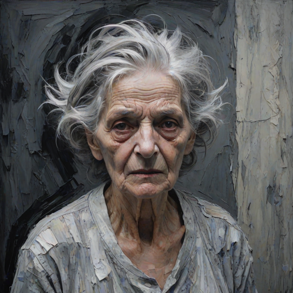 Final exit party. Dark Moody impasto dark picture edges. old woman. grey untidy hair streaked with white and pastel muted colours. include whole head and neck and shoulders. death lurks in the background.