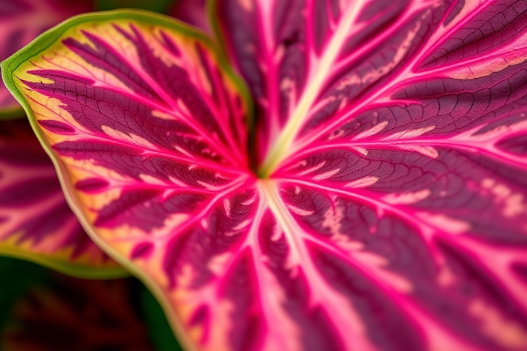 Close-up shot of a vibrant Caladium leaf with intricate patterns, using a macro lens, f/2.8 aperture, ISO 200, 1/250 sec shutter speed, natural light, DSLR camera, shallow depth of field, rich green background.