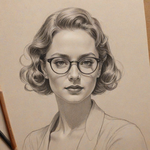 Splendid Cristina Ricci, pencil sketch, portrait of Enchanting woman 1931s in glasses, hair style beatnik, outline, clear lines, fine lines, 8k
