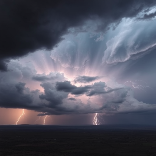 Dramatic thunderstorm over a vast landscape, dark clouds swirling, and flashes of lightning illuminating the scene, creating a sense of nature's power.
