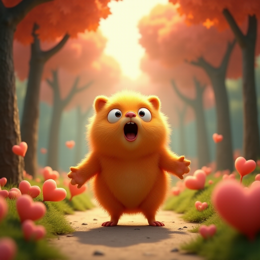 A fluffy orange creature with large eyes and a wide open mouth stands on a path in a whimsical forest, bright pink and red hearts float through the air, the creature has a surprised expression, the light is warm and soft, photorealistic, digital art, 3D style