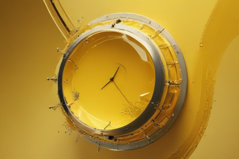Vibrant Yellow Clock Surrounded by Splashes of Liquid in Bright Setting