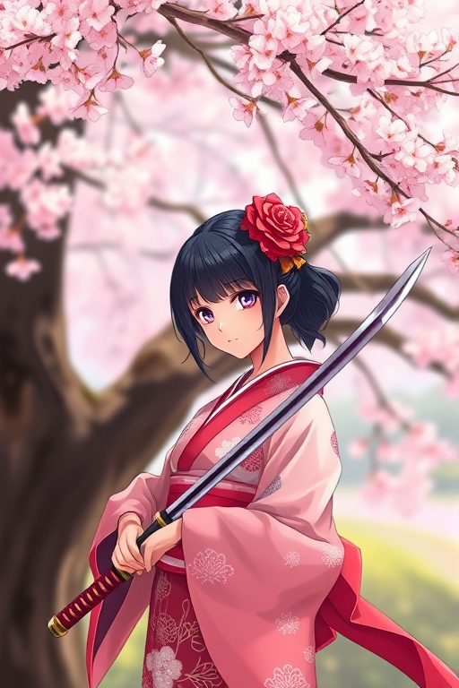 Create an illustration of an anime girl in a traditional Japanese kimono holding a katana under a cherry blossom tree, with a soft focus effect; use a Canon EOS R5 with a 50mm f/1.2 lens at ISO 100, aperture f/1.2, and a shallow depth of field to enhance details and vibrancy.