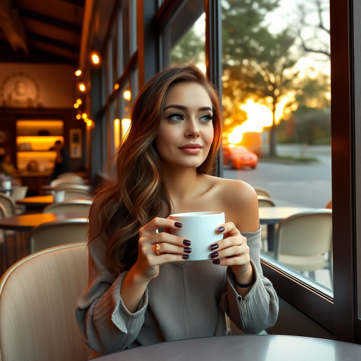 beautiful woman having one cup of coffee alone and watching the sunset in a cafe
