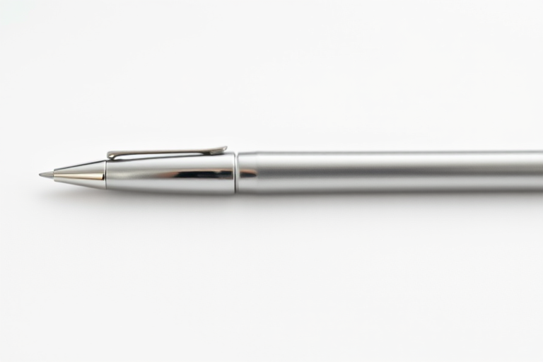 A sleek silver pen on a clean white background, close-up shot, 50mm lens, f/2.8 aperture, ISO 100, soft natural lighting, high-resolution detail.