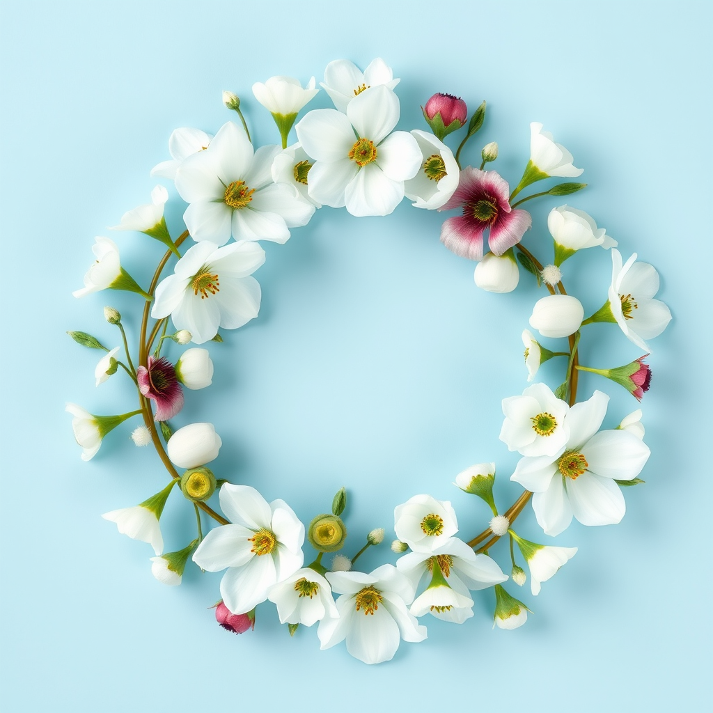 create a circular floral design featuring white flowers like snowdrops and hellebores on a solid blue background, shot with a DSLR camera at f/4.5, ISO 100, 50mm lens, top-down view, soft focus style for enhanced softness and clarity