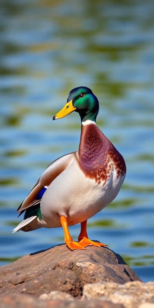 Capture a vibrant male mallard duck standing on a rock by the water's edge, use a DSLR camera, aperture f/2.8, shutter speed 1/500s, ISO 200, in natural light to enhance color and detail, with a shallow depth of field for a soft background blur.