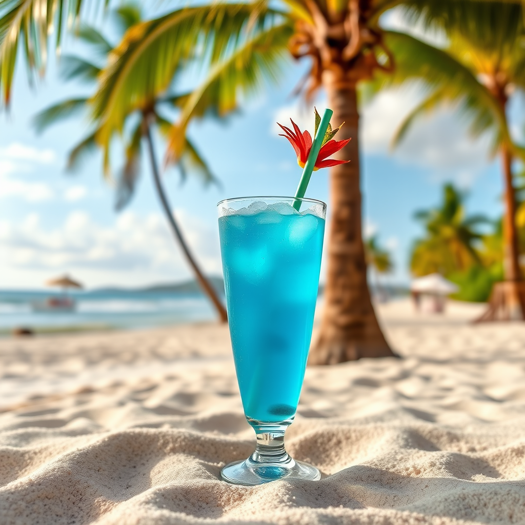A tropical beach scene featuring a "Blue Hawaii" cocktail recipe illustrated artistically, with palm trees in the background, captured using a DSLR camera at f/8 aperture, ISO 100, 1/200 sec shutter speed, wide-angle lens, vibrant colors, and high dynamic range.