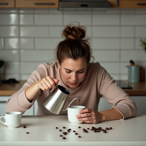 A portrait capturing a humorous and relatable scene of morning exhaustion. A woman with a messy bun, is slumped over a kitchen table, head resting on the surface in apparent fatigue. Despite their exhaustion, they are attempting to pour coffee from a pot, but instead of pouring the coffee into the mug she is pouring it onto the kitchen table. The kitchen setting is minimal, with simple countertops and a tiled backsplash in the background. Scattered coffee beans and an empty cup add to the sense of early morning chaos. The overall mood is lighthearted, portraying the struggle of waking up and the desperate need for coffee in a comedic yet relatable way.