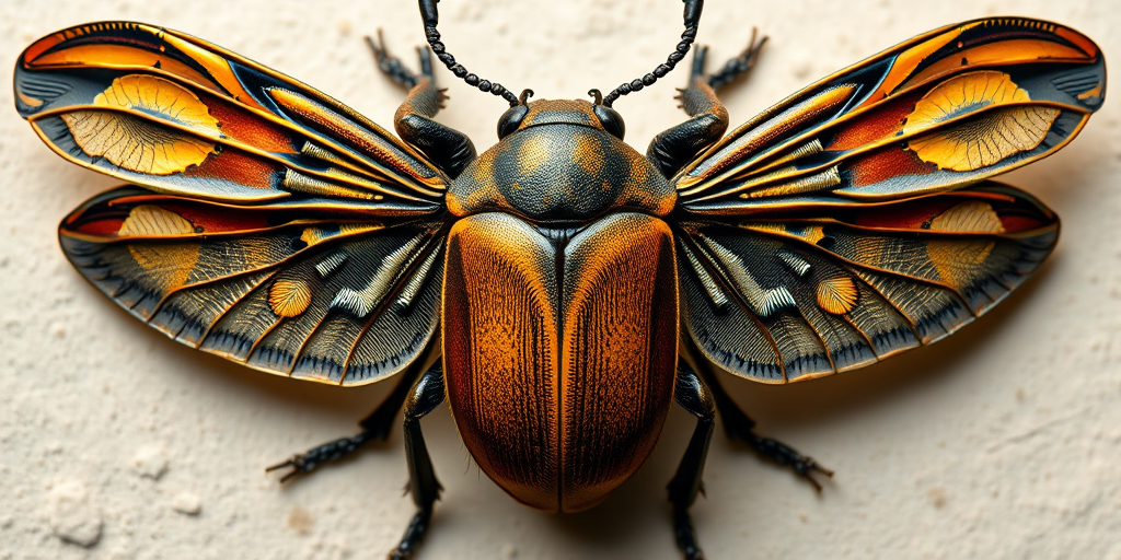 Create an intricate illustration of a scarab beetle with elaborate wings and detailed patterns, captured in high resolution, using a DSLR camera set to ISO 100, aperture f/2.8, and a focal length of 50mm, with a top-down view and a macro photography style to emphasize texture and detail.