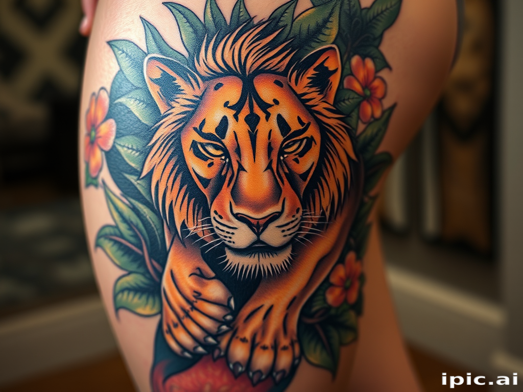 Powerful body tattoo portraying a fierce lioness emerging from lush foliage on the thigh, executed in hyper-realistic style with intricate details and rich earth tones