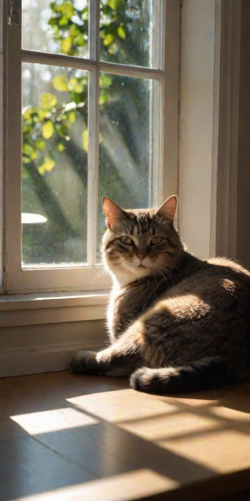 Softly lit morning image of a cat lounging in a sunbeam on a windowsill, eyes half-closed, soft shadows of tree branches dancing on the floor, a cup of coffee steaming on the table nearby, the faint sound of birds chirping outside the window.