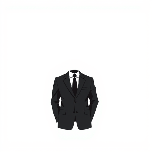 Create a high-resolution illustration of a black suit without a head, set against a plain white background, using a digital painting style with sharp line work and soft shading, configured with a virtual camera at a 50mm focal length, f/2.8 aperture for a slight depth of field effect.