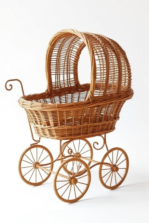 Create an image of an antique wicker pram on a white background, shot with a Canon EOS 5D Mark IV, 50mm lens, aperture f/1.8, ISO 100, shutter speed 1/200, in soft natural light to enhance details and texture.