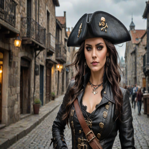 Create a portrait of a fierce female pirate. She wears a leather tricorn hat adorned with a skull and crossbones emblem, and her long, dark hair flows around her face. Her outfit consists of a richly detailed leather jacket, a corset, and multiple layers of belts and accessories, giving her a formidable and stylish appearance. She stands confidently in a dimly lit, historic port town, with a backdrop of weathered buildings and cobblestone streets, capturing the adventurous spirit of a pirate.
