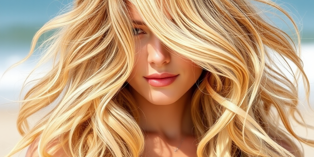 Tousled honey blonde beach waves with sun-bleached highlights, the "Golden Sands" look embodies carefree elegance and natural beauty