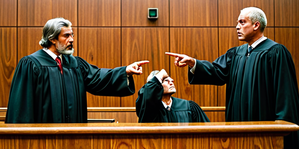 Two men standing before the judge at the court. The right sided man is pointing to the left sided man with his index finger with an angry look. The left sided man is looking at the ground. Make it oil painting. three people should be seen. two men with their judge