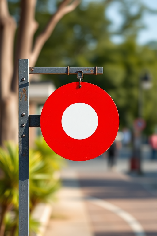 Generate a high-resolution image of a circular red sign with a white circle in the center using a DSLR camera, aperture f/5.6, shutter speed 1/60 sec, ISO 100, shot in soft natural light with a slight bokeh effect to enhance clarity and focus on the sign.