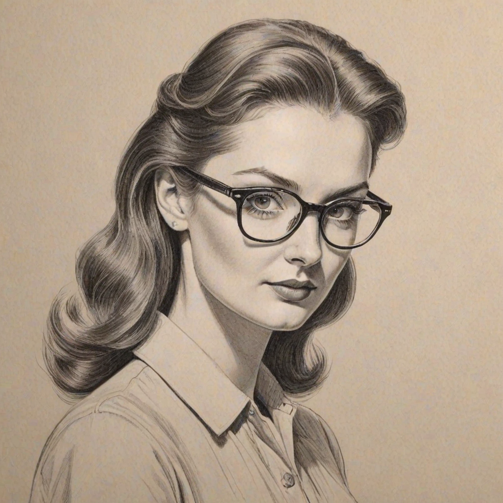 Appealing Lydia Hearst, pencil sketch, portrait of Charming woman 1950s in glasses, hair style beatnik, outline, clear lines, fine lines, 8k