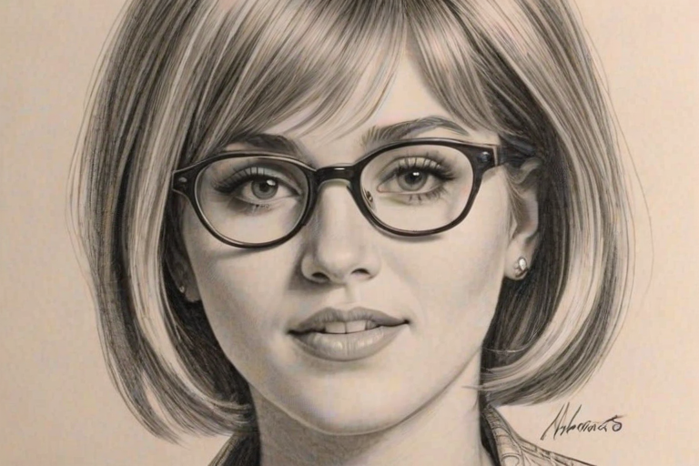Exquisite Hannah Montana, pencil sketch, portrait of Enticing woman 1960s in glasses, hair style beatnik, outline, clear lines, fine lines, 8k
