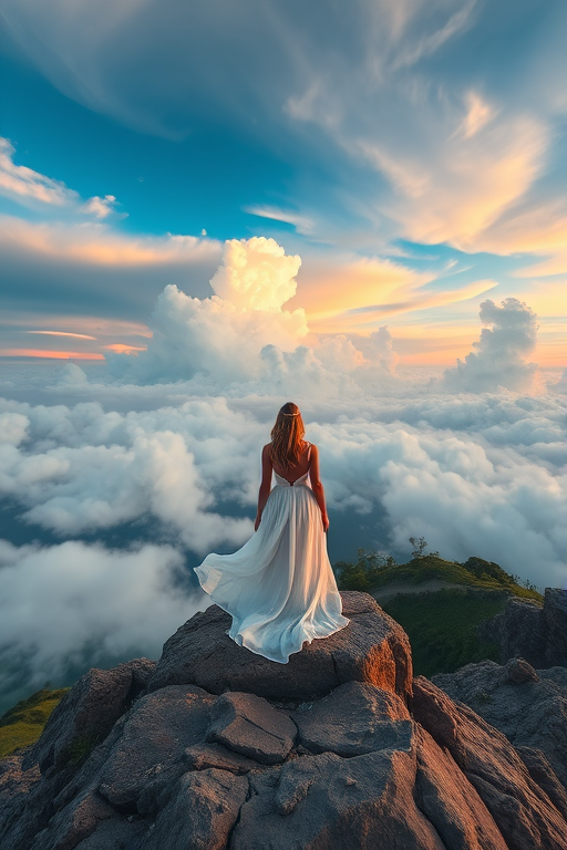 Create a fantasy landscape of a figure in a flowing white dress standing on a rocky outcrop, looking out over a vast, colorful sky with dramatic clouds, shot with a Canon EOS R5, 24mm lens, f/8, at ISO 100, using a wide-angle perspective to enhance depth and detail.