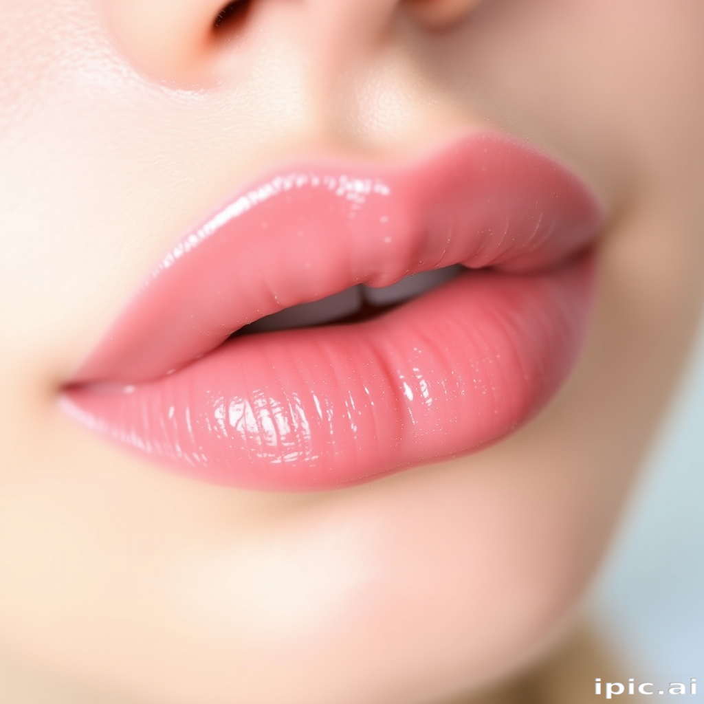 Pale pink lips with a soft, blurred effect and delicate pearl shimmer, titled "Dreamy Rosebud Haze"