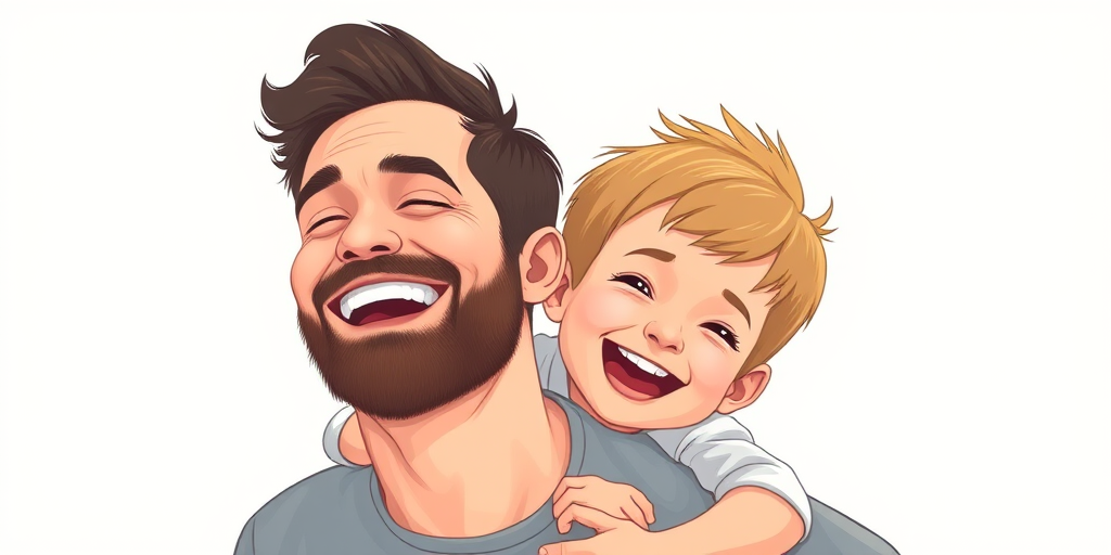 Create a digital illustration of a father and son, smiling joyfully with the son on the father's back, using a soft color palette and minimalistic lines, captured in high resolution with a 50mm lens at f/1.8, shot from eye level, in a studio setting to enhance image quality.